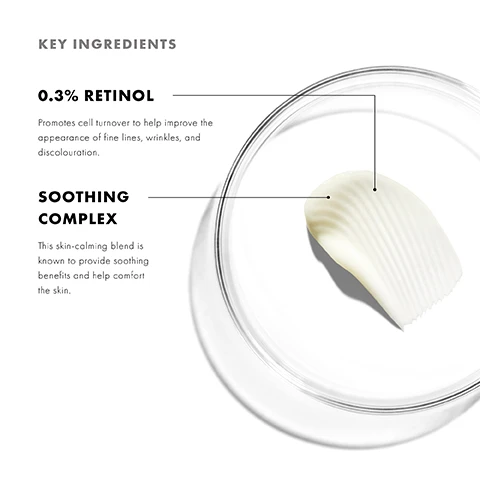 Image 1 - A close-up image of a glass dish containing a white, ridged cream or balm with text labels, including 0.3% RETINOL explaining its benefits for skin, and SOOTHING COMPLEX describing its calming properties.
Image 2 - A white tube of SkinCeuticals Retinol 0.3 night cream is positioned next to a smooth, creamy texture, with text highlighting its anti-ageing properties, clinical results, and formulation to minimize discomfort associated with retinol.
Image 3 - A close-up of a persons face showing smooth, glowing skin, with a circular highlight of a cream applied to their cheek, accompanied by the text Promotes cellular turnover + improves the appearance of wrinkles.
Image 4 - Image depicting a skincare routine with four products labeled as a nighttime regimen, including Resveratrol B E, Retinol 0.3, A.G.E. Eye Advanced, and Triple Lipid Restore 2:4:2, along with the text COMPLETE THE NIGHTTIME REGIMEN at the top.