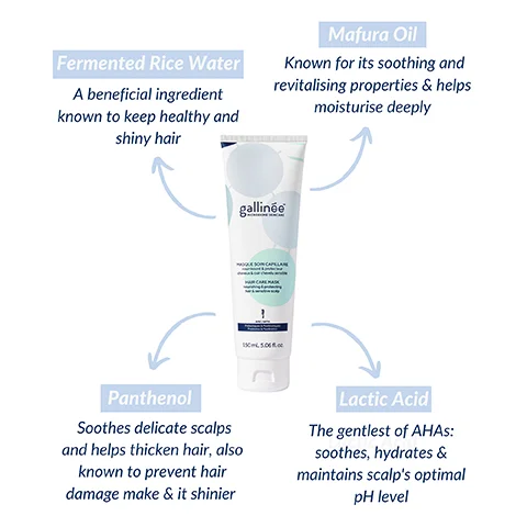 Fermented Rice Water, A beneficial ingredient known to keep healthy and shiny hair Mafura Oil, Known for its soothing and revitalising properties & helps moisturise deeply, Panthenol Soothes delicate scalps and helps thicken hair, also known to prevent hair damage make & it shinier Lactic Acid, The gentlest of AHAS: soothes, hydrates & maintains scalp's optimal pH level