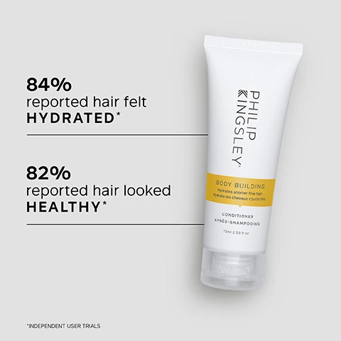 Image 1 - A tube of Philip Kingsley Body Building conditioner is displayed on a light gray background, with text stating that 84% reported their hair felt hydrated and 82% reported their hair looked healthy, along with a note about independent user trials.
Image 2 - An abstract white background with a glossy texture features a list of key benefits: Ultra-lightweight formula adds moisture without heaviness, delivers volume, smoothness, and shine, controls flyaways and frizz.
Image 3 - A woman with short blond hair smiles at the camera, with a customer review text alongside her stating the conditioner feels weightless and leaves hair soft and manageable. CUSTOMER REVIEW.
Image 4 - Image shows a close-up of a creamy white substance with the following text: KEY INGREDIENTS HYDROLYZED WHEAT PROTEIN Increases hair’s ability to retain moisture by reducing porosity. BEHENTRINOMIUM CHLORIDE Helps smooth the cuticle, add gloss and detangle.
Image 5 - A side-by-side comparison of two hairstyles, showing a person with medium-length, light blonde hair; the left image shows messy, uneven hair labeled as Before, while the right image displays smooth, voluminous hair styled in a rounded bob labeled as After.
Image 6 - A person with wet hair viewed from the back, with the text Trichologist Tip: After shampooing, gently work into the mid-lengths and ends of the hair, avoiding the roots. Rinse well. to the left.