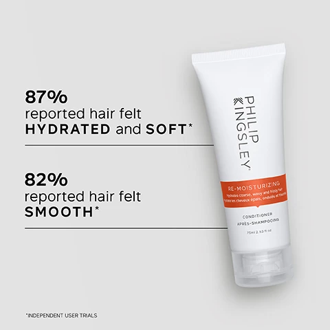 Image 1 - A tube of Philip Kingsley Re-Moisturizing Conditioner is displayed, with text indicating that 87% reported hair felt hydrated and soft, and 82% reported hair felt smooth.
Image 2 - Image shows a textured cream background with text listing key benefits of a hair care product, including intense hydration and frizz reduction. The visible text reads: KEY BENEFITS, followed by three checkbox items detailing the benefits.
Image 3 - A woman with long, wavy, dark brown hair smiles while wearing a white top, with a customer review text stating that the product has made her hair softer, tamed frizz, and defined her waves.
Image 4 - A creamy white hair product swatch is shown against a light gray background, with text listing key ingredients: Hydrolyzed Oat Protein, which softens hairs texture and aids moisture retention, and a Unique Blend of Waxes, which smooths and moisturizes cuticles for reflective shine.
Image 5 - A person with wavy, frizzy dark hair is shown on the left labeled Before, and the same person has straight, sleek dark hair on the right labeled After.
Image 6 - A close-up of a person with wet, curly hair being combed with a black comb, accompanied by visible text that reads TRICHOLOGIST TIP: After shampooing, gently work into the mid-lengths and ends of the hair, avoiding the roots. Rinse well.