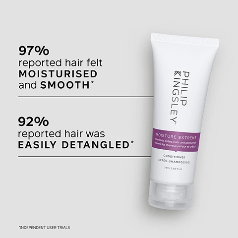 Image 1 - A white shampoo tube with a purple label centered in the image shows the text PHILIP KINGSLEY MOISTURE EXTREME CONDITIONER 75ml 2.53 fl oz and includes stats indicating 97% reported hair felt MOISTURISED and SMOOTH* and 92% reported hair was EASILY DETANGLED*, with a note about independent user trials.
Image 2 - Image shows a texture of a creamy product with a white background, accompanied by key benefits that include deeply conditions, hydrates without adding weight, nourishes and adds shine, and vegan-friendly.
Image 3 - A person with wet, curly hair combs through their hair using a styling tool, with text beside them reading I have been using this product for years and find it is the one conditioner that really DETANGLES and CONDITIONS my curls, CUSTOMER REVIEW.
Image 4 - Image shows a creamy, white swirl of hair product with a list of key ingredients including Almond Oil, Wheatgerm Oil, Avocado Oil, and Babassu Oil, along with their benefits.
Image 5 - Image shows a comparison of two hairstyles side by side; the left side labeled Before features frizzy, unkempt curly hair, while the right side labeled After shows the same hair more defined, smooth, and well-groomed.
Image 6 - A person is holding a tube of hair care product with water dripping from it, and there is text on the left side that reads TRICHOLOGIST TIP After shampooing, gently work into the mid-lengths and ends of the hair, avoiding the roots. Rinse well.