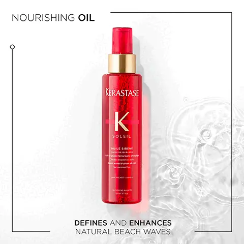 Image 1, nourishing oil defines and enhances natural beach waves. Image 2, soleil UV light, salt and chlorinated water can take its toll on your hair. Hair is left hydrated and smooth. Image 3, coconut water, solar tuberoe, UV filters