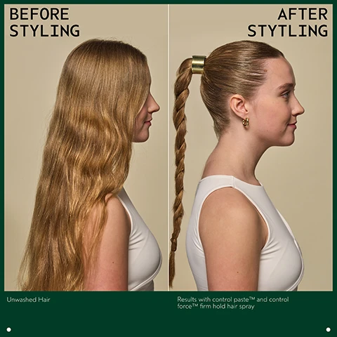 Image 2 - A split image shows a womans hair before and after styling, with the left side showing her long, wavy dirty blonde unstyled hair labeled Before Styling and Unwashed Hair, and the right side showing her hair styled into a sleek braided ponytail with a gold cuff labeled After Stytling and Results with control paste™ and control force™ firm hold hair spray. Image 3 - A persons hands hold a light-colored jar of hair product, which has text reading AVEDA controlpaste, definition with pliable hold, definition sous tenue souple, net wt./poids net 2.5 oz./75 ml, aveda.com, Made in USA A13Z, and the overlaying text states CREATES TEXTURE WITH MEDIUM, PLIABLE HOLD. Image 4 - A dark green image features a light blue-green circle containing dried cloves, a yellow ylang-ylang flower, and purple flowers, with white text that reads BLISSFUL PURE-FUME AROMA and CERTIFIED ORGANIC YLANG YLANG, CLOVE, CLARY SAGE, AND OTHER PURE FLOWER AND PLANT ESSENCES. Image 5 - A thick, textured swatch of pale orange-yellow cream is smeared on a white background. Image 6 - Image shows a four-step hair care routine with text How To Use, featuring 01 CLEANSE Shampure Nurturing Shampoo with a person washing their hair; 02 CONDITION Shampure Nurturing Conditioner with conditioner dispensed into a hand; 03 PREP Smooth Infusion Style-Prep Smoother with a hand holding an Aveda Smooth Infusion bottle; and 04 STYLE Control Paste and Control Force with a hand holding an Aveda Control Force hairspray can. Image 7 - Three white certification logos are displayed against a dark green leafy background, featuring a circular logo with a large V and the text 100% VEGAN, a Certified B Corporation logo with a B in a circle, and the Leaping Bunny Cruelty Free INTERNATIONAL logo.