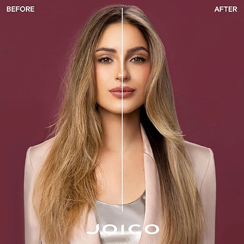 Image 2 - Split image shows a woman with frizzy hair on the left side labeled BEFORE and smooth hair on the right side labeled AFTER, with the text JOICO at the bottom. Image 3 - A silver bottle of Joico Defy Damage Protective Shampoo is shown on a purple background with the text Joico DEFY DAMAGE PROTECTIVE SHAMPOO for bond strengthening & color longevity SHAMPOOING PROTECTEUR pour renforcer les liaisons et prolonger la durée de la couleur CHAMPU PROTECTOR para reforzar enlaces y prolongar el color SmartRelease 300ml / 10.1 fl oz PROTECTIVE SHAMPOO for all hair types Gently sloughs away dirt and debris without roughing up the hair cuticle Free from SLS/SLES sulfates. Image 4 - Joico Defy Damage Protective Shampoo bottle is shown with piles of white powder, yellow oil drops, clear gel, and green leaves representing ingredients, with text Joico DEFY DAMAGE PROTECTIVE SHAMPOO for bond strengthening & color longevity SmartRelease 300 ml / 10.1 fl oz Arginine Protective Lipid Moringa Seed Oil. Image 5 - An image shows four Joico Defy Damage hair products arranged as a three-step routine with the text DEFY DAMAGE ROUTINE STEP 1: SHAMPOO JOICO DEFY DAMAGE PROTECTIVE SHAMPOO STEP 2: CONDITION / TREAT OR JOICO DEFY DAMAGE PROTECTIVE CONDITIONER JOICO DEFY DAMAGE PROTECTIVE MASQUE STEP 3: TREAT JOICO DEFY DAMAGE PROTECTIVE SHIELD. Image 7 - Three Joico Defy Damage hair products, a shampoo bottle, conditioner tube, and masque tube, are displayed on risers with the text JOICO the joi of healthy hair Prevent daily damage, for loveable, healthy hair Defy Damage Protective Shampoo Defy Damage Protective Conditioner Defy Damage Protective Masque.