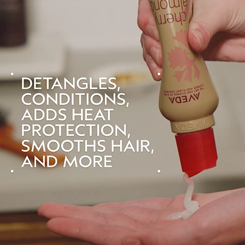 Image 2 - A hand squeezes a beige bottle with a red cap, dispensing white cream into an open palm, while the bottle itself displays text reading cherry almond, AVEDA, THE ART AND SCIENCE OF PURE FLOWER AND PLANT ESSENCES, and AVEDA, and superimposed white text reads DETANGLES, CONDITIONS, ADDS HEAT PROTECTION, SMOOTHS HAIR, AND MORE. Image 3 - A before and after image shows a woman with blonde hair; on the left, labeled BEFORE and Unwashed Hair, her hair is straight and flat, while on the right, labeled AFTER, her hair is voluminous and wavy, with the accompanying text Results with Cherry Almond Softening Shampoo, Conditioner, and Leave-In Conditioner, Invati Ultra Advanced™ Thickening Foam, Texture Tonic and Woodle Paddle Brush. Blow dried with diffuser attachment and styled with curling iron. Image 4 - The image features oranges on branches with leaves and white blossoms, alongside dried dates on a light beige background, with text that reads UPLIFT YOUR MOOD and A SWEET FLORAL AROMA WITH TONKA BEAN, ORANGE, AND YLANG-YLANG. Image 5 - The image displays a three-step hair care routine with the title HOW TO USE, featuring a woman washing her hair for 01 CLEANSE Cherry Almond Softening Shampoo, a hand dispensing conditioner for 02 CONDITION Cherry Almond Softening Conditioner & Leave-In Conditioner, and a woman spraying product into her hair for 03 STYLE Invati Ultra Advanced™ Thickening Foam & Texture Tonic. Image 6 - A dollop of thick, creamy, off-white product with a slight peak and soft shadows is shown on a white background. Image 7 - Three white certification logos are centered on a background of dark green tropical leaves with some white stripes and a red plant stem on the left. The first logo features a large V surrounded by the text 100% VEGAN, the second logo says Certified B Corporation with a B in a circle, and the third logo shows a leaping rabbit with the text Cruelty Free INTERNATIONAL.