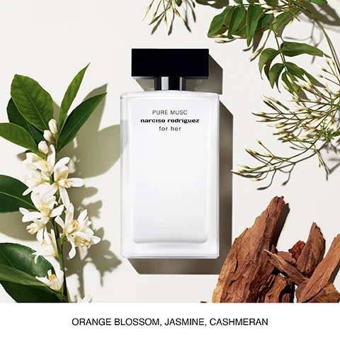 Image 1 - A white perfume bottle with a black cap is surrounded by greenery and white flowers, with the text reading PURE MUSC narciso rodriguez for her above it and ORANGE BLOSSOM, JASMINE, CASHMERAN below.
Image 2 - Image shows various perfume bottles by Narciso Rodriguez labeled for her, with their names and descriptions beneath each bottle: Eau de Toilette, Eau de Parfum, Pure Musc, Musc Noir, Musc Noir Rose, and Musc Nude, along with scent attributes like Elegant Sophisticated and Sensual Seductive.