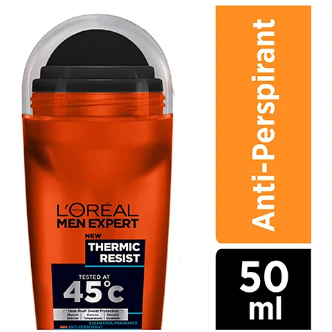 An orange LOréal Men Expert roll-on deodorant bottle with text LORÉAL PARIS MEN EXPERT NEW THERMIC RESIST TESTED AT 45°C Heat-Rush Sweat Protection Physical Exercise Extreme Temperatures Stressful Situations CLEAN COOL FRAGRANCE 48H ANTI-PERSPIRANT Anti-Perspirant 50 ml.