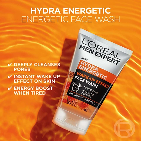 Image 1 - Image of a tube of LOréal Mens Hydra Energetic Face Wash on an orange background, featuring key phrases about the products benefits, including deeply cleanses pores, instant wake up effect on skin, and energy boost when tired.
Image 2 - A close-up of a man with a smooth complexion, lightly touching his face against a bright orange background, with the text EASY TO USE, FRESHER FEELING SKIN, NON-GREASY, and FOAMS WELL displayed prominently.
Image 3 - A man with a short beard is holding a tube of LOréal Men Expert Hydra Energetic Wake-Up Effect Face Wash against an orange background, with the text GET A BOOST OF ENERGY BECAUSE YOURE WORTH IT.
Image 4 - Image shows three skincare products from LOréal Men Expert arranged on an orange background, labeled as part of the Hydra Energetic routine, including a face wash tube, a serum in a dropper bottle, and a moisturiser bottle; visible text includes step instructions, product names, and descriptions such as Wake-Up Effect Face Wash, 10% Pure Vitamin C Serum, and 24H Anti-Fatigue Moisturiser.