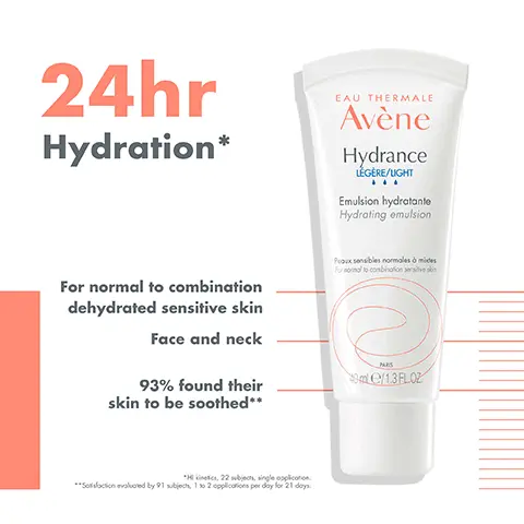 24hr hydration. For normal to combination dehydrated sensitive skin. Face and neck. 93% found their skin to be soothed. HI kinetics, 22 subjects, single application. Satisfaction evaluated by 91 subjects, 1 to 2 applications per day for 21 days. Hydrating, soothing, non-sticky. 1 Cleanse cleansing foam. 2 Hydrate hydrance light hydrating emulsion. 3 protect SPF 50+ fluid. Key Ingredients, Cohederm tm restores hydration. Provitamin E antioxidant.