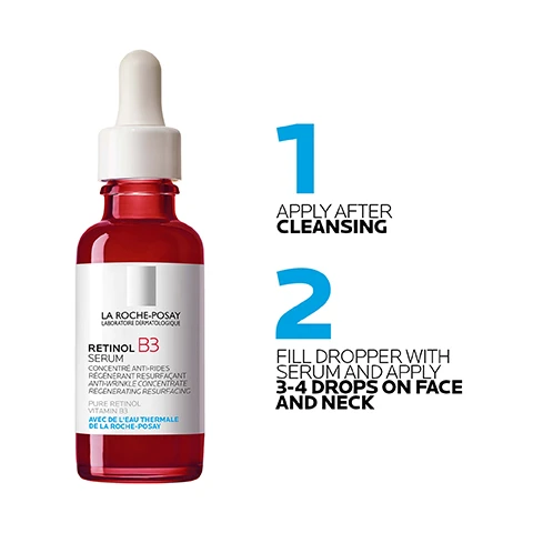 Image 1 - A red serum bottle with a white dropper, labeled LA ROCHE-POSAY RETINOL B3 SERUM, alongside instructions that read 1 APPLY AFTER CLEANSING and 2 FILL DROPPER WITH SERUM AND APPLY 3-4 DROPS ON FACE AND NECK.
Image 2 - Image shows three skincare products from La Roche-Posay: a red bottle of Retinol B3 serum labeled as RETINOL B3 SERUM, a white tube of Redermic R labeled as REDERMIC R EYES, and a white bottle of Anthelios Age Correct with visible text ANTHELIOS AGE CORRECT along with sun protection details.
Image 3 - Image of a person in a white coat against a light blue background with text that reads Nº 1 DERMATOLOGIST RECOMMENDED SKINCARE BRAND IN THE UK* followed by a note about a study of 74 Consultant Dermatologists from January to May 2022.
Image 4 - Image shows a bottle of LA ROCHE-POSAY Retinol B3 Serum against a background featuring various skin tones, with the text RETINOL B3 SERUM and SUITABLE FOR ALL SKIN TYPES.