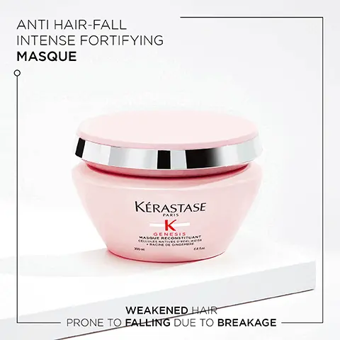 Image 1, anti hair fall intense fortifying masque, weakened hair prone to falling due to breakage. Image 2, Genesis, up to 84* less hair fall due to breakage, more fibre strength, more hair resilience. Image 3, before and after. Image 4, ginger root, edelweiss native cells, aminexil. Image 5, hovig etoyan global professional ambassador says, it is so common for my clients to experience hair fall from breakage or thinning hair. genesis addresses both causes of hair fall with its combination of ginger root and edelweiss native cells. catering for both fine and thicker hair types is the perfect solution