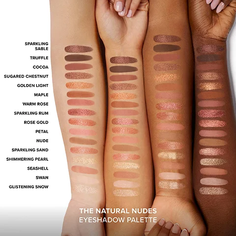 Image shows swatches of an eyeshadow palette across three different skin tones, with the names of the shades listed to the left; visible text includes THE NATURAL NUDES EYESHADOW PALETTE.
