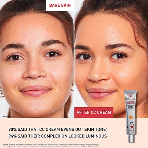 Image 1 - Image shows a side-by-side comparison of a womans face with bare skin on the left and her face after applying CC cream on the right, with the text BARE SKIN and AFTER CC CREAM, and visible claims: 90% SAID THAT CC CREAM EVENS OUT SKIN TONE and 94% SAID THEIR COMPLEXION LOOKED LUMINOUS.
Image 2 - A young woman with long dark hair poses against a light pink background, holding a tube of skincare product while showcasing a smooth complexion; visible text includes Encapsulated pigments adapt to skintone to even out complexion, Blurs imperfections, Lightweight texture delivering a luminous and natural finish, Light coverage.
Image 3 - A tube of CC cream labeled Centella Asiatica surrounded by green water lily leaves, with visible text stating SPF 25 and HELPS TO SOOTHE THE SKIN.
Image 4 - A young woman with long dark hair holds a tube of CC cream up to her face against a pink background, and the image includes the text 90% said that CC cream evens out skin tone* and *Average percentage of testers expressing satisfaction immediately after application. Tests conducted on 59 volunteers, using the Doré and Caramel shades.
Image 5 - A tube of CC cream is shown against a gradient pink background, with ratings of 4.5/5 out of 4,790 reviews and customer testimonials: Very smooth and skin can breathe Camélia, A perfect match Béatrice, My face looks super natural Martha, Extremely light weight Diana, I didnt have to wear fondation Andrea.
Image 6 - Image shows two tubes of CC cream with one tube squeezing out product, on a gradient pink background, with the text 1 CC CREAM SOLD EVERY 20 SECONDS WORLDWIDE! at the top, and a note about total worldwide retail distributor and e-commerce sales from April 2023 to March 2024 at the bottom.
Image 7 - An infographic displaying various hybrid creams with descriptions for each option, including Skin Hero for perfected skin, Skin Hero Glow for a luminous finish, CC Cream for even skin tone with light coverage, BB Cream for smoothing skin, and Super BB Cream for camouflaging imperfections, along with corresponding product tubes and shades.
Image 8 - Image shows four tubes of CC creams labeled as CC Classic, CC Water, CC Red Correct, and CC Dull Correct, with descriptions of their benefits, including light coverage and SPF 25, along with different tones beneath each tube.