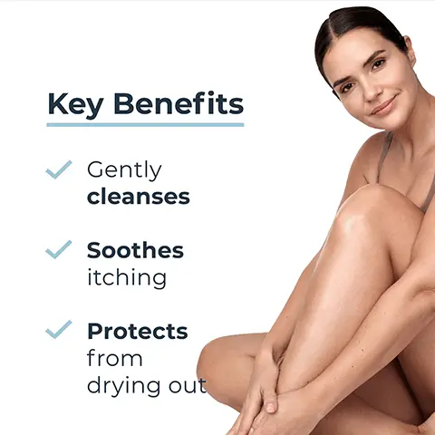 Image 1 - A woman with long dark hair is sitting and smiling, showcasing smooth skin on her arms and legs, alongside a list of key benefits that includes gently cleanses, soothes itching, and protects from drying out.
Image 2 - A person holding a bottle of Eucerin AtopiControl Cleansing Oil, with text alongside it stating Itchy, very dry to atopic skin, Calming, and Suitable for newborns.
Image 3 - A translucent yellow blob of oil with a small bubble of foam beside it, accompanied by the text Natural Omega Oils (Soybean Oil, Ricinus Oil).
Image 4 - Image shows a light blue background with the text that reads Gently cleanses and soothes to preserve the skin barrier and protect from itch.
Image 5 - Image shows three skincare products from Eucerin arranged in a row, labeled SHOWER OIL, CALMING BALM, and FACE CREAM, with the heading Recommended Routine at the top.