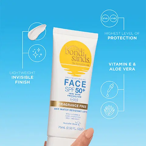 Image 1 - A hand holding a tube of Bondi Sands Daily Moisturizing Face SPF 50+ sunscreen, with a light blue background and icons indicating lightweight invisible finish, highest level of protection, vitamin E and aloe vera, and 4-hour water-resistant lotion.
Image 2 - A person holds a tube of Bondi Sands face sunscreen labeled SPF 50+, with customer reviews beside it stating Application is easy. Goes onto skin easily. A lovely lightweight cream. Doesn’t feel heavy or greasy. Hydrating. Makes skin look brighter. by Victoria from the UK and I love this sunscreen! Blends so nicely without leaving a white cast! by Tilly from the UK.