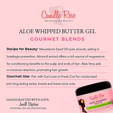 Image 1 - Aloe Whipped Butter Gel product advertisement featuring a pink background with the product description, key ingredients like macadamia seed oil and aloe vera, and usage recommendations for moisturizing and styling hair. The text includes HANDCRAFTED WITH LOVE - Janell Stephens FOUNDER, CEO, MASTER MIXTRESS.