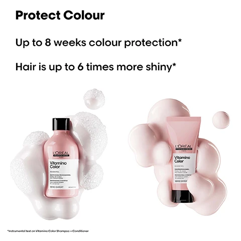 Image 1 - Image shows a pink shampoo bottle and a pink conditioner tube surrounded by white bubbles on a white background, with text stating Protect Colour, Up to 8 weeks colour protection, Hair is up to 6 times more shiny, and Instrumental test on Vitamin Color Shampoo and Conditioner.
Image 2 - A pink bottle of LOréal Professionnel hair treatment with a black pump cap, featuring text that reads Protect Colour, 10-in-1 professional treatment, Heat Protection, Instantly protects coloured hair, and Vitamin Color, indicating it is a multi-benefit leave-in treatment for colored and sensitized hair.
Image 3 - A back view of a woman with long, shiny brown hair, showing a side-by-side comparison of hair before and after treatment, with the words Before on the left and After on the right, and products labeled Vitamin Color below.
Image 4 - Image depicts three LOréal Professionnel hair care products including a pink shampoo bottle labeled Vitamnio Color, a pink hair mask jar, and a pink spray bottle, with the text A colour protection professional routine. Visible text includes 01 Cleanse, 02 Care, and 03 Protect.
Image 5 - A colorful abstract depiction of bubbles, featuring the text Resveratrol, Protect your color, and the note Inside the fibre Anti-oxidant to nourish and protect the hair follicles.