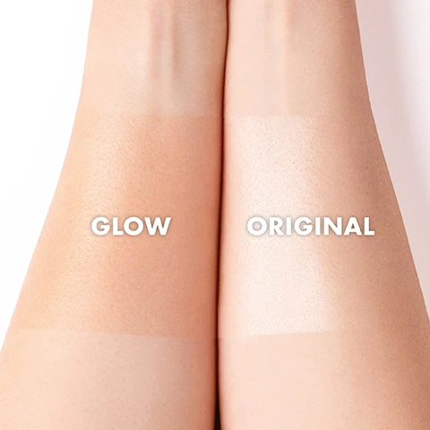 Image 1 - Image of two arms with skin swatches showing two different finishes: the left swatch labeled GLOW is warm-toned and slightly darker, while the right swatch labeled ORIGINAL is a lighter, shinier finish.
Image 2 - Image of a clear spray bottle labeled ICONIC LONDON with a black cap, featuring text that describes it as a hydrating, luminous setting spray that preps skin, illuminates and fixes makeup, contains cucumber and chamomile to soothe skin, has caffeine to help combat dark circles, and is vegan and cruelty-free.