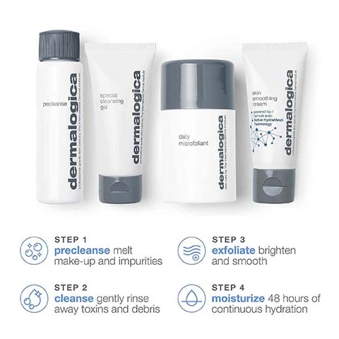 Image 1, step 1 = precleanse melt makeup and impurities. step 2 = cleanse gently rinse away toxins and debris. step 3 = exfoliate brighten and smooth. step 4 = noisturize 48 hours of continuous hydration. Image 2, precleanse deep cleansing oil, daily microfoliant gentle brightening polisher. special cleansing gel soap free foaming gel cleanser, skin smoothing cream continuously hydrating moisturizer. Image 3, step 1 = precleanse, melt away makeup, massage over face and eyes, wet hands and emulsify then rinse. step 2 = special cleansing gel, was away impurities, lather on damp face, rinse with warm water. step 3 = daily microfoliant, gently exfoliate, wet hands, dispense and massage into creamy paste, rinse thoroughly. step 4 = skin smoothing cream, continously hydrate, apply all over face and throat, moisturise morning and night