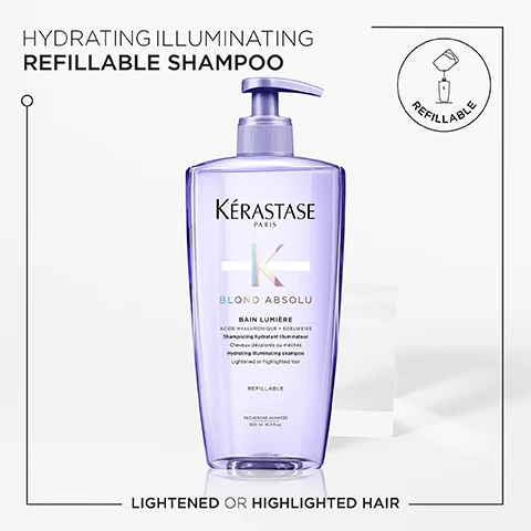 Image 1, hydrating illuminating refillable shampoo. lightened or highlighted hair. image 2, before and after. image 3, ultraviolet neutraliser. edelweiss. hyaluronic acid.