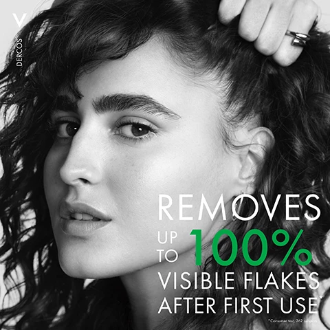 Image 1 - A close-up black and white portrait of a woman with curly hair, looking directly at the camera, accompanied by text that reads REMOVES UP TO 100% VISIBLE FLAKES AFTER FIRST USE.
Image 2 - A young man with tousled hair and tattoos looks directly at the camera, with the text UP TO 6 WEEKS ANTI-DANDRUFF PROTECTION* prominently displayed below him.
Image 3 - Image shows a split design with a bright yellow background on the left featuring the text 1% SELENIUM DISULFIDE, and a white background on the right with the text 1% SALICYLIC ACID, along with the statement DERCOS LEAVES DANDRUFF-PRONE SCALP FEELING CLEANSSED & PURIFIED.
Image 4 - An image featuring a creamy, frothy texture with a warm yellow background displays the text PLEASANT FRAGRANCE + CREAMY TEXTURE + LEAVES HAIR FEELING DEEPLY NOURISHED & SOFT.
Image 5 - A person in a white lab coat holds a bottle of Vichy Dercos Anti-Dandruff Shampoo, with a blue Recommended by Dermatologists badge and a green Dermatologically Accredited badge visible in the image.