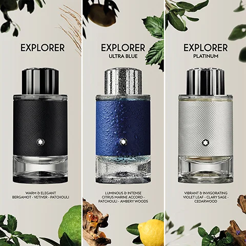 Image 1 - Three fragrance bottles are displayed on a light background: the first bottle is black labeled EXPLORER with a description of Warm & Elegant Bergamot - Vetiver - Patchouli, the second is blue labeled EXPLORER ULTRA BLUE with Luminous & Intense Citrus Marine Accord - Patchouli - Amberwoods, and the third is silver labeled EXPLORER PLATINUM with Vibrant & Invigorating Violet Leaf - Clary Sage - Cedarwood.