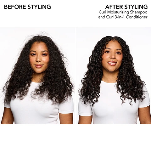 Image 1 - Image shows two women with curly hair, with the left side labeled BEFORE STYLING showing loose, frizzy curls, and the right side labeled AFTER STYLING showing defined, polished curls, accompanied by the text Curl Moisturizing Shampoo and Curl 3-in-1 Conditioner.
Image 2 - Image of a purple background with white text at the top reading Bb.Curl, and below it a list of hair moisturizing oils and butters: Jojoba oil rich in omega fatty acids, Avocado oil plant oil in oleic acid, omega-9, Coconut oil lightweight oil to penetrate strands, Cocoa butter decadent plant butter powered by fatty acids, and Shea butter nutrient-rich butter.
Image 3 - A purple background features a tube of Bumble and Bumble Bb Curl 3-in-1 Conditioner, surrounded by icons representing its benefits: oil-infused, reduces frizz, moisturizes, leaves hair shiny, detangles, and gentle. The text on the tube reads Bumble and Bumble Bb Curl 3-in-1 CONDITIONER.