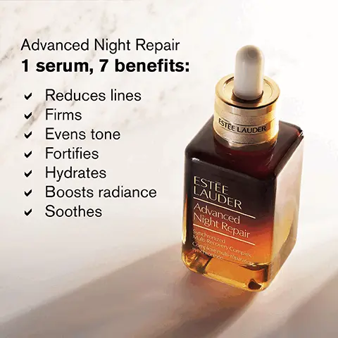 Image 1, Advanced Night Repair 1 serum, 7 benefits: Reduces lines Firms Evens tone ESTÉE LAUDER ✓ Fortifies ✓ Hydrates ✓ Boosts radiance Soothes ESTEE LAUDER Advanced Night Repair Synchronized Mul-Recovery Complex Complete multi-partic Image 2, 89% said skin felt firmer* *Consumer testing on 543 women after 4 weeks of product use. Image 3, Exclusive Tripeptide-32 ESTEE LAUDER Vitamin E ESTEE LAUDER Advanced Night Repair Synchroniz Multi-RecoveComplex Complexe mubi-réation synchronisée Hyaluronic acid