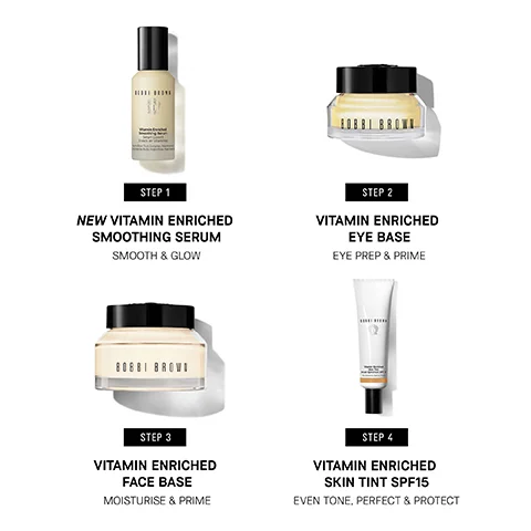 STEP 1 NEW VITAMIN ENRICHED SMOOTHING SERUM SMOOTH & GLOW STEP 2 VITAMIN ENRICHED EYE BASE EYE PREP & PRIME 80881 BROVI STEP 3 VITAMIN ENRICHED FACE BASE MOISTURISE & PRIME STEP 4 VITAMIN ENRICHED SKIN TINT SPF15 EVEN TONE. PERFECT & PROTECT