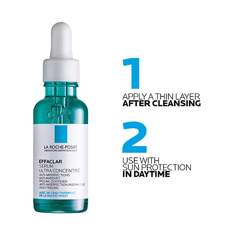 Image 1 - A clear dropper bottle of La Roche-Posay Effaclar Serum Ultra Concentré with a turquoise label and white text is displayed alongside two steps: 1 APPLY A THIN LAYER AFTER CLEANSING and 2 USE WITH SUN PROTECTION IN DAYTIME.
Image 2 - Image of a teal serum bottle labeled EFFACLAR SERUM with the text SUITABLE FOR ALL SKIN TYPES prominently displayed, surrounded by various skin tones in the background.