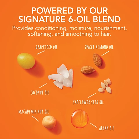 Image 1 - An assortment of oil ingredients arranged on a bright orange background, including grape seed oil, sweet almond oil, coconut oil, macadamia nut oil, safflower seed oil, and argan oil, with the text POWERED BY OUR SIGNATURE 6-OIL BLEND Provides conditioning, moisture, nourishment, softening, and smoothing to hair.
Image 2 - Image of a hair treatment product, Bumble and bumble Hairdressers Invisible Oil Mask, placed on an orange background with water droplets, surrounded by illustrations representing its benefits: smooth, detangle, soften, de-frizz, shine, hydrate, and oil-infused, with the product name clearly visible.