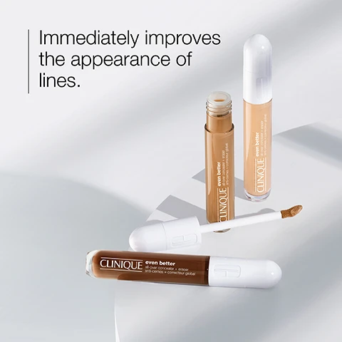 Image 1 - The image shows three tubes of Clinique Even Better concealer and eraser with one having a soft applicator tip, along with text that reads Immediately improves the appearance of lines.
Image 2 - A round plate with brown powder labeled Caffeine is on the left, and a clear, glossy gel labeled Hyaluronic acid is on the right, all set against a white background.
Image 3 - A close-up image of five shades of Clinique Even Better Concealer tubes, with a sponge-tip applicator revealing a dab of product, accompanied by text listing coverage as full, finish as natural, suitable for all skin types, and stating there are 26 shades available.
Image 4 - A transparent glass container is displayed next to a textured light green background with a list stating Free of fragrance, gluten, drying alcohol, sodium lauryl sulfate, sodium laureth sulfate.
Image 5 - An image of a smooth, beige liquid surface with the words depuff and conceal below corresponding icons.