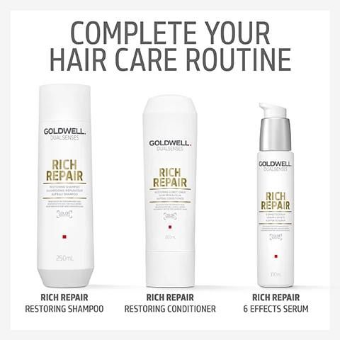 complete your hair care routine. rich repair restoring shampoo, rich repair restoring conditioner, rich repair 6 effects serum. image 2, why is it so special? instantly increases combability, effectively reduces hair breakage. image 3, why is it so special? instantly reconstructs and reawakens the shine of natural hair. fadestop formula minimizes colour fading with every use. image 4, the cap and bottle of all dualsenses shampoo 250ml and conditioner 200ml bottles are fully recyclable. assessed by cyclos htp gmbh, certificate available for 250ml shampoo bottles.