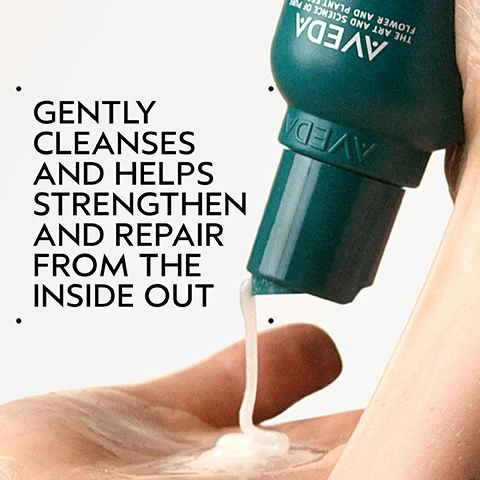 Image 2 - A dark teal bottle dispenses a white creamy product into a hand, with the text GENTLY CLEANSES AND HELPS STRENGTHEN AND REPAIR FROM THE INSIDE OUT and the bottle label showing AVEDA THE ART AND SCIENCE OF PURE FLOWER AND PLANT ESSENCES. Image 3 - A split image shows a persons blonde hair from the back, with the left side labeled BEFORE displaying unwashed hair that appears dull and slightly frizzy, and the right side labeled AFTER showing the same hair looking smooth, shiny, and healthy, with additional text stating Results with botanical repair™ strengthening shampoo, strengthening conditioner and strengthening overnight serum. Blow dried with round bristle hair brush. Image 4 - The image shows a dark green background with a central swirling circle of green and yellow liquid, accompanied by text that reads Plant-Derived Bond Building Molecule: Plant-derived bond building molecule penetrates deep within the cortex building new bonds for stronger hair. Below that is Nourishing Macro-Green Blend: With avocado, green tea and sacha inchi oils smooths the cuticle to detangle and help prevent breakage. Image 5 - A before and after image displays a persons dark hair, showing frizzy, voluminous hair on the left and smooth, straight hair on the right, accompanied by the text BEFORE, AFTER, Unwashed Hair, and Results with botanical repair™ strengthening shampoo, strengthening conditioner and strengthening overnight serum. Blow dried with round bristle hair brush. Image 6 - A green-themed graphic illustrates a four-step hair routine, showing someone washing hair, a hand dispensing conditioner, a hand applying serum, and someone combing styled hair, with text reading HOW TO USE 01 CLEANSE botanical repair™ strengthening shampoo 02 CONDITION botanical repair™ strengthening conditioner 03 REPAIR botanical repair™ strengthening overnight repair serum and botanical repair™ intensive strengthening masque: light 04 STYLE botanical repair™ strengthening bond building styling crème. Image 8 - Three white certification logos, including a vegan V symbol, a B Corporation B symbol, and a Leaping Bunny symbol, are displayed against a dark green leafy background.