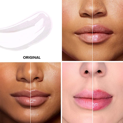 Image 1 - A divided image shows four close-up portraits of different lips; the top left features a glossy product swatch labeled ORIGINAL, while the other three portraits display varying lip colors and textures.
Image 2 - A clear tube of lip gloss labeled Too Faced Lip Injection Maximum Plump is shown beside four percentages and statements indicating its effects: 96% leaves lips feeling plump, 96% leaves lips feeling hydrated, 98% leaves lips looking re-volumized, and 97% leaves lips feeling softer and smoother over time, with a note about a study of 106 women at the bottom.
Image 3 - Image shows a close-up of a womans lips, divided into two sections labeled BEFORE on the left and AFTER on the right, with the visible text stating MODEL IS WEARING SHADE ORIGINAL.
Image 4 - A close-up image of a models lips showing a before side with natural lips and an after side with glossy lips; visible text reads MODEL IS WEARING SHADE ORIGINAL.
Image 5 - Image shows a close-up of a persons lips split into two sections labeled BEFORE on the left and AFTER on the right, with the AFTER side showing fuller and shinier lips; visible text reads MODEL IS WEARING SHADE ORIGINAL.
Image 6 - A promotional image displays various lip products from Too Faced, organized into five categories labeled Level 1, Level 2, Level 3, Bonus Plump Effect, and Bonus Color Effect, with each product featuring descriptions such as instant lip plumper, gloss finishes, and shade options.