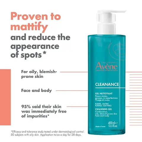 Image 1 - A turquoise bottle of Avène Cleanance cleansing gel is displayed, labeled as proven to mattify and reduce the appearance of spots, suitable for oily, blemish-prone skin, with text stating 95% said their skin was immediately free of impurities.
Image 2 - A turquoise bottle of Avène Cleanance cleansing gel with a white pump top, featuring text that states CLEANANCE GEL NETTOYANT and icons indicating it mattifies, cleanses, soothes, and has a light texture, with the bottle size of 400 ml.
Image 3 - Image shows three skincare products from Avene: a blue cleansing gel labeled CLEANSE, a white moisturizing concentrate labeled MOISTURISE, and an orange sunscreen labeled PROTECT, with numbers 1, 2, and 3 indicating the order of use.
Image 4 - Image shows a blue, bubbly foam with the text Soft and Light Foam above and Easy to rinse-off next to a bubble.