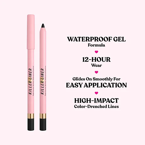 Image 1 - A pink waterproof gel eyeliner pencil is displayed alongside its cap, with text stating WATERPROOF GEL Formula, 12-HOUR Wear, Glides On Smoothly For EASY APPLICATION, and HIGH-IMPACT Color-Drenched Lines.