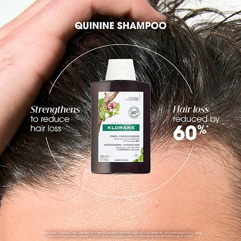 image 1, quinine shampoo strengthens to reduce hair loss. hair loss reduced by 60%. image 2, 80% natural origin ingredients. biodegradable formula. 100% recycled plastic. no ingredients of animal origin. image 3, before and after visible results after1 month. image 4, with quinine from natural quinquina and organic edelweiss.