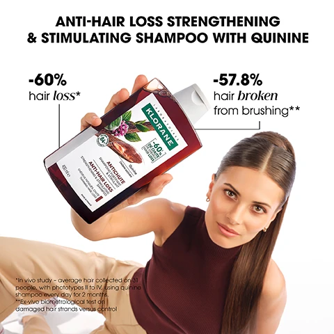 Image 1 - A woman holds up a dark brown shampoo bottle with a white cap, with visible text reading Anti-Hair Loss Strengthening & Stimulating Shampoo with Quinine by Klorane, -60% hair loss, and -57.8% hair broken from brushing. Image 2 - A dark reddish-brown shampoo bottle with a white cap is shown from the back, resting on a white surface with several pieces of tree bark, while text on the left describes product features as 84% ingredients of natural origin, Without sulfated surfactants, and Compatible with pregnancy and breast-feeding, and the bottle label states Strengthening stimulating shampoo with Cinchona and Edelweiss, Anti-hair loss complement, Use: Apply on wet hair and massage for 1 minute, Rinse, along with highlighted actions to Prevent slow down the hair fall, Reinforce strengthen the hair, and Reduce hair breakage. Image 3 - A man with dark hair and a beard, wearing a white tank top, looks directly at the camera with text on the right side reading -60% hair loss* and a smaller asterisk note below that reads *in vivo study - average hair collected on 31 people, with phototypes II to IV, using quinine shampoo every day for 2 months. Image 4 - A display of three Klorane Anti-Hair Loss products, including a shampoo, conditioner, and intense treatment, are shown with botanical elements and a beaker in the background, featuring visible text such as Klorane, ANTICHUTE ANTI-HAIR LOSS, -60% DE CHUTE DE CHEVEUX HAIR LOSS, Quinine Cinchona extract, SHAMPOOING FORTIFIANT & STIMULANT STRENGTHENING & STIMULATING SHAMPOO, FORTIFIANT & STIMULANT STRENGTHENING & STIMULATING CONDITIONER, and TRAITEMENT FORTIFIANT INTENSE INTENSE STRENGTHENING TREATMENT. Image 5 - A petri dish contains pieces of bark and coffee beans, with a magnified view of amber liquid on bark and a dropper, accompanied by the text With strengthening Quinquina extract & enriched with caffeine. Image 6 - A side-by-side comparison shows the back of a persons head with a white circular marker indicating hair length, featuring shorter, lighter brown hair on the left labeled Before, and longer, darker, shinier hair on the right labeled After, followed by the disclaimer *individual results may vary. Example of results obtained after using the shampoo 3 times a week for 3 months. Image 7 - A reddish-brown S-shaped gel with small bubbles is shown on a white background with text descriptions stating Woody & stimulating fragrance and Lathers & rinses easily.