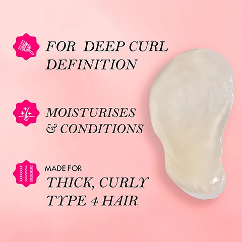 Image 3 - A creamy hair product is shown on a light pink background, with text stating for deep curl definition, moisturises and conditions, and made for thick, curly type 4 hair.
Image 4 - An image featuring a jar of Mielle Pomegranate & Honey Coil Sculpting Custard with a gold lid, surrounded by drips of honey and pomegranate seeds on a light pink background; visible text includes instructions on how to use the product.