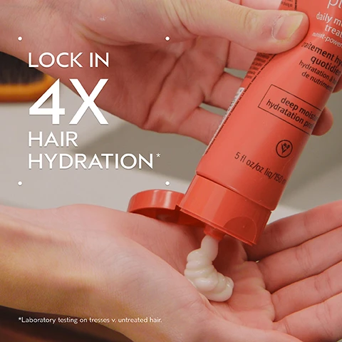 Image 2 - A persons hands are shown as one hand squeezes a peach-colored tube, dispensing a white cream into the palm of the other hand, LOCK IN 4X HAIR HYDRATION* daily mo treat nutrient-power traitement hy quotidien hydratation à b de nutriment deep moistu hydratation pro 5 fl oz/oz liq/150 ml plant-like logo *Laboratory testing on tresses v. untreated hair. Image 3 - A dark green background features a central circular abstract image of swirling red, gold, and brown liquids, with text reading SUPERFOOD COMPLEX, Lorem Ipsum, POMEGRANATE SEED OIL, COCONUT OIL, MANGO BUTTER, Hydrates and replenishes dry, depleted hair. Image 4 - A side-by-side comparison of a woman with dark wavy hair, showing her hair less defined in the left panel and looking smoother and shinier in the right panel, with the visible text BEFORE on the left and AFTER on the right. Image 5 - A white, irregularly shaped dollop of thick cream or lotion with soft shadows is centered on a white background, framed by a dark green border. Image 6 - A dark green image titled How to use outlines a four-step hair care routine, featuring circular images for each step: 01 CLEANSE shows hands shampooing hair with nutriplenish™ Shampoo Light Moisture; 02 CONDITION shows a hand dispensing Nutriplenish™ Conditioner Light Moisture; 03 TREAT shows a person touching their wet hair with Nutriplenish™ Daily Moisturizing Treatment; and 04 STYLE shows foam dispensed onto a brush with Nutriplenish™ Styling Treatment Foam & Multi-Use Hair Oil. Image 7 - White certification logos are displayed on a background of dark green tropical leaves and a red plant, featuring 100% VEGAN around a large V symbol, Certified B Corporation with a B inside a circle, and Cruelty Free INTERNATIONAL with a leaping rabbit symbol.