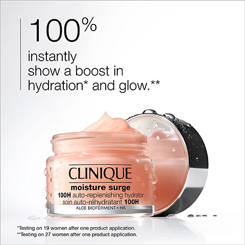 Image 1 - A jar of Clinique Moisture Surge cream with a pink product visible inside, accompanied by text stating 100% instantly show a boost in hydration and glow, and product details beneath.
Image 2 - A plate with orange powder and yellow oil drops on the left, and a clear gel with a green leaf on the right, accompanied by text about aloe vera bioferment and a blend of vitamins C and E.
Image 3 - An abstract background with soft peach and cream tones features icons of a water droplet and a sparkling star, along with the words hydrate and glow.
Image 4 - A pink background features a table with three entries marked with an X, indicating the product is free of fragrance, oil, and drying alcohol.