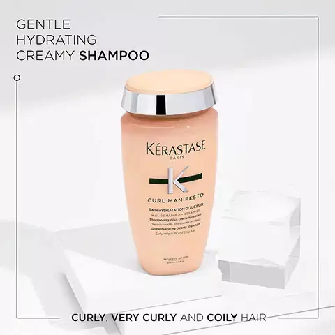 Image 1, Gentle hydrating creamy shampoo, curly, very curly and coily hair. Image 2, Before and After image- Illustration of the anticipated results obtained after applying the products bain hydrant douceur fondant hydration essentielle, creme de jour fondamentale and gelee Curl contour after one use and styling. Results may vary from one individual to another. Image 3, Curl Manifesto, up to 87% stronger curls, more nourishment, more curl definition. Image 4, Key ingredients, ceramide, manuka honey.