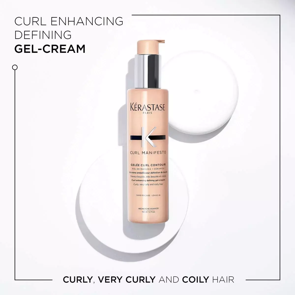 Image 1, Curl Enhancing defining gel-cream- curly, very curly and coily hair. Image 2, Curl Manifesto, up to 87% stronger curls, more nourishment, more curl definition. Image 3, Key ingredients, ceramide, manuka honey. Image 4, Before and After image- Illustration of the anticipated results obtained after applying the products bain hydrant douceur fondant hydration essentielle, creme de jour fondamentale and gelee Curl contour after one use and styling. Results may vary from one individual to another.