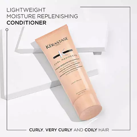 Image 1, Lightweight moisture replenishing conditioner- curly, very curly and coily hair. Image 2, Curl Manifesto, up to 87% stronger curls, more nourishment, more curl definition. Image 3, Key ingredients, ceramide, manuka honey. Image 4, Before and After image- Illustration of the anticipated results obtained after applying the products bain hydrant douceur fondant hydration essentielle, creme de jour fondamentale and gelee Curl contour after one use and styling. Results may vary from one individual to another.