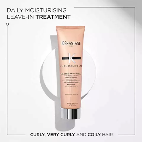 Image 1, Daily moisturising leave-in treatment- curly, very curly and coily hair. Image 2, Curl Manifesto, up to 87% stronger curls, more nourishment, more curl definition. Image 3, Key ingredients, ceramide, manuka honey. Image 4, Before and After image- Illustration of the anticipated results obtained after applying the products bain hydrant douceur fondant hydration essentielle, creme de jour fondamentale and gelee Curl contour after one use and styling. Results may vary from one individual to another.