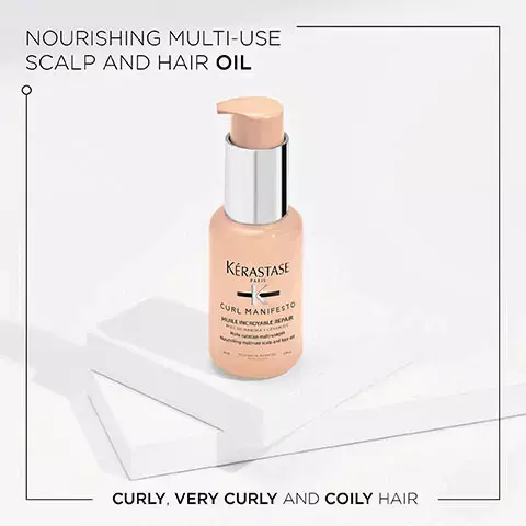 Image 1, Nourishing multi-use scalp and hair oil- curly, very curly and coily hair Image 2, Before and After image- Illustration of the anticipated results obtained after applying the products bain hydrant douceur fondant hydration essentielle, creme de jour fondamentale and gelee Curl contour after one use and styling. Results may vary from one individual to another. Image 3, Curl Manifesto, up to 87% stronger curls, more nourishment, more curl definition. Image 4, Key ingredients, ceramide, manuka honey.