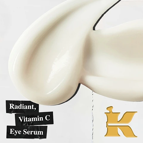 Image 1 - A glossy, off-white cream or serum is swirled against a light background with a drop of liquid and a gold K logo, with text that reads Radiant, Vitamin C Eye Serum. Image 2 - A Kiehls eye serum bottle is displayed on a yellow background next to text reading 10% OF PURE VITAMIN C to help reduce the appearance of crows feet and lines under eyes, while the bottle label shows KIEHLS SINCE 1851 DERMATOLOGIST SOLUTIONS Powerful-Strength Line-Reducing & Dark Circle-Diminishing Vitamin C Eye Serum with Tri-Peptide and Hyaluronic Acid 0.5 fl. oz. - 15 ml. Image 3 - A textured image resembling torn paper shows text on the left detailing ingredients, and on the right, a photograph of yellow liquid with molecular structures, with the text Our Formula With: Pure Vitamin C Fragmented Hyaluronic Acid Tri-Peptide.