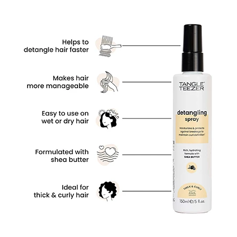 Image 1 - A white Tangle Teezer detangling spray bottle with a black cap is positioned to the right of five illustrated benefit points; the bottle reads TANGLE TEEZER detangling spray, Moisturizes & protects against breakage to maintain curl definition, Rich, hydrating formula with SHEA BUTTER, THICK & CURLY, 150ml e/5 fl.oz., and the five benefit points are Helps to detangle hair faster, Makes hair more manageable, Easy to use on wet or dry hair, Formulated with shea butter, and Ideal for thick & curly hair. Image 2 - A split image shows the back of a persons head with dry, frizzy light brown curly hair on the left and moisturized, defined dark brown curly hair on the right, labeled BEFORE AFTER. Image 3 - A woman with voluminous reddish-brown curly hair and freckles looks up and to the right with the text Ideal for thick and curly hair. Image 4 - A dark-skinned woman with short, coily hair smiles as a hand sprays a product into her hair from a white bottle, with visible text reading TANGLE TEEZER detangling spray, sulfate-free, paraben-free, phthalate-free, cruelty-free, 100% vegan.