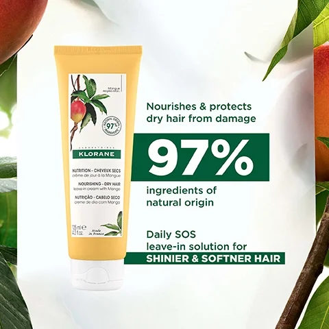 A yellow tube of Klorane leave-in cream for dry hair with a mango illustration, featuring text that states Nourishes & protects dry hair from damage, 97% ingredients of natural origin, Daily SOS leave-in solution for shinier & softer hair, and a small logo indicating natural origin.